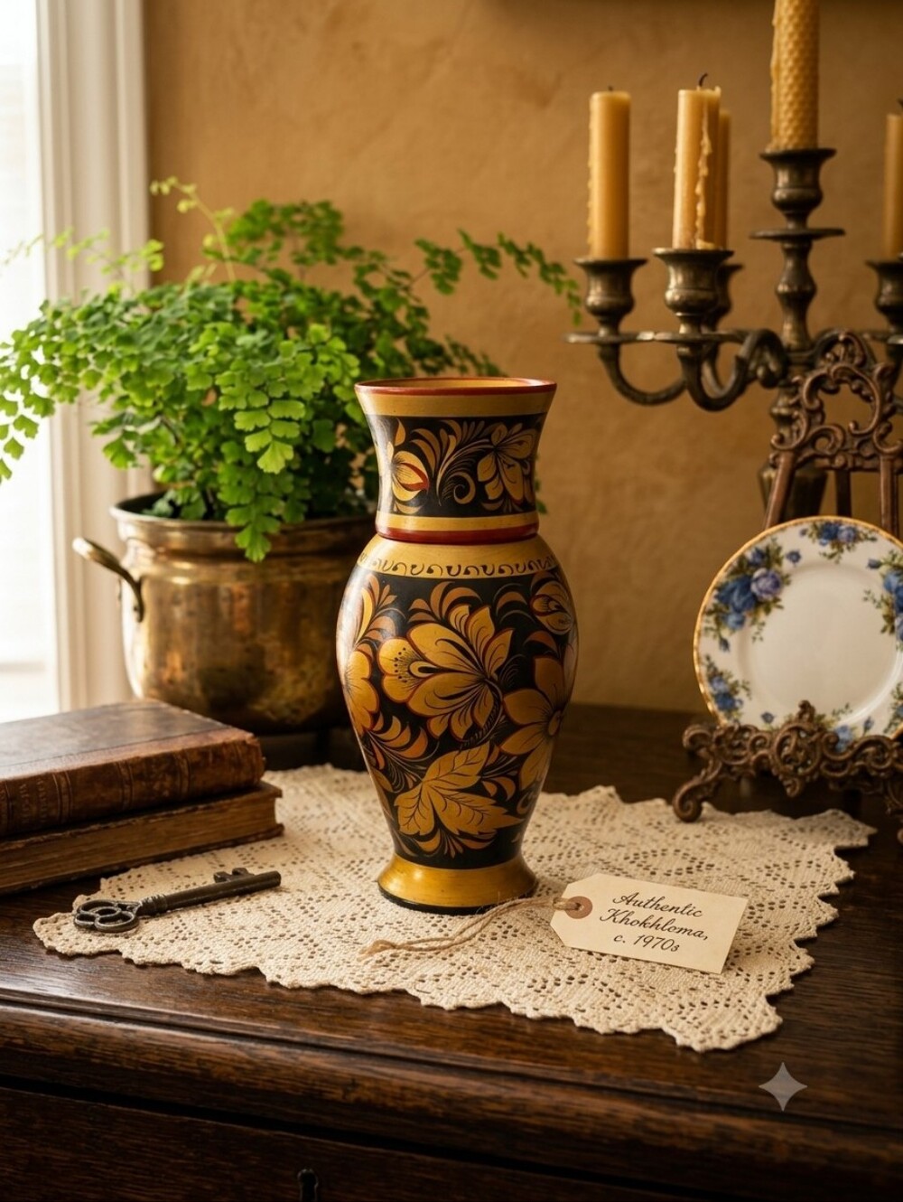 VTG 1970s Russian Khokhloma Modular Extension Vase Wood Lacquer USSR Stamp
